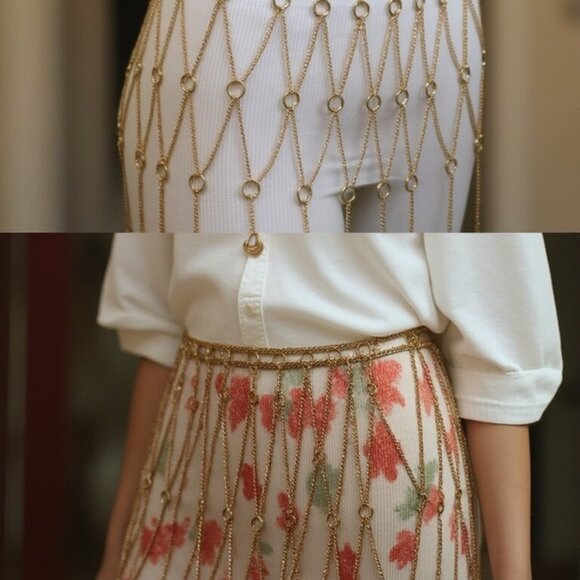 Women Gold Metal Chain Circle Rings Skirt Long Tassel Belt Cover Up Waist S M main image 16